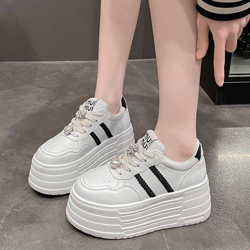 8cm Leather Flats Casual Dad Shoes Chunky Sneakers 2025 Women Platform Sports Shoes Ladies Skateboard Hidden Heels Shoes Tennis