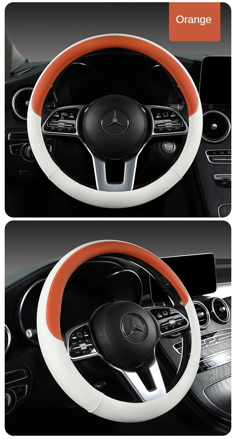 Perforated Nappa Leather Car Steering Wheel Cover Warm in Winter and Cool in Summer, Universal 15 Inch,  Anti-Slip, Odorless