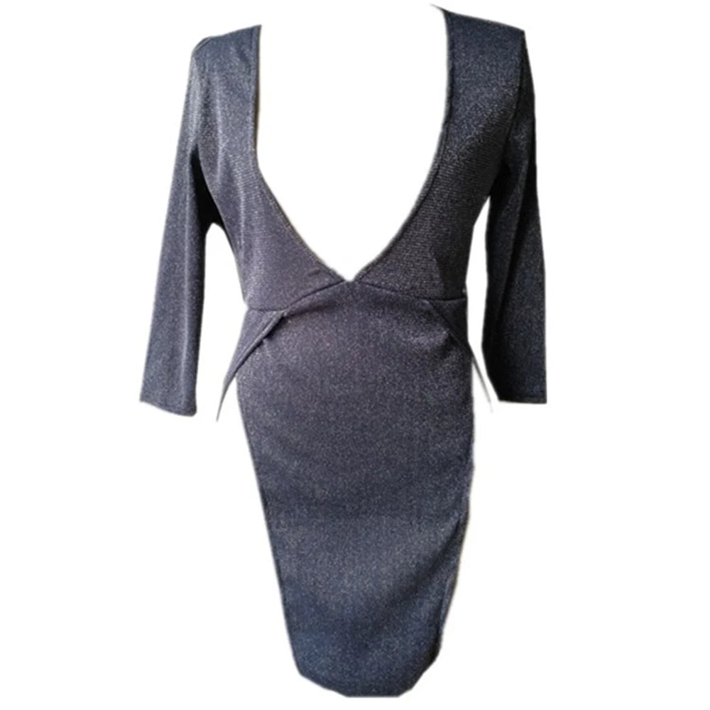 Vestido mini sexy de escote en V profundo y escotado, elegante y de manga larga para mujer, para fiesta en club.