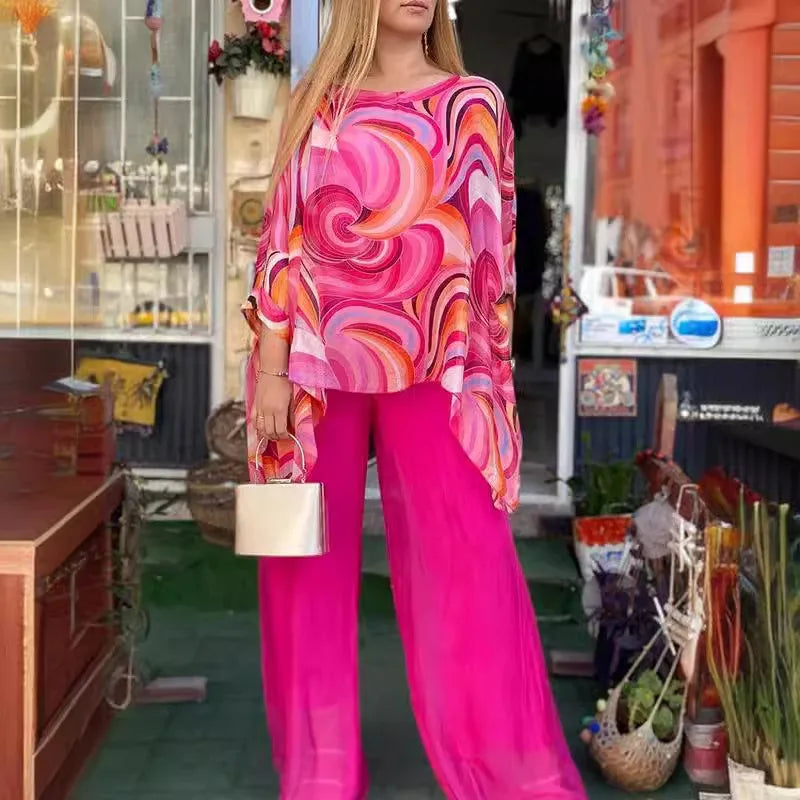 Women's Colorful Chiffon Two-Piece Set, Summer Print, Round Neck, Bat Sleeves, Irregular Top, Wide Leg Pants, Casual 2 Piece Set
