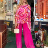 Conjunto de dos piezas de gasa colorida para mujer, estampado de verano, cuello redondo, mangas murciélago, top irregular, pantalones de pierna ancha, conjunto informal de 2 piezas