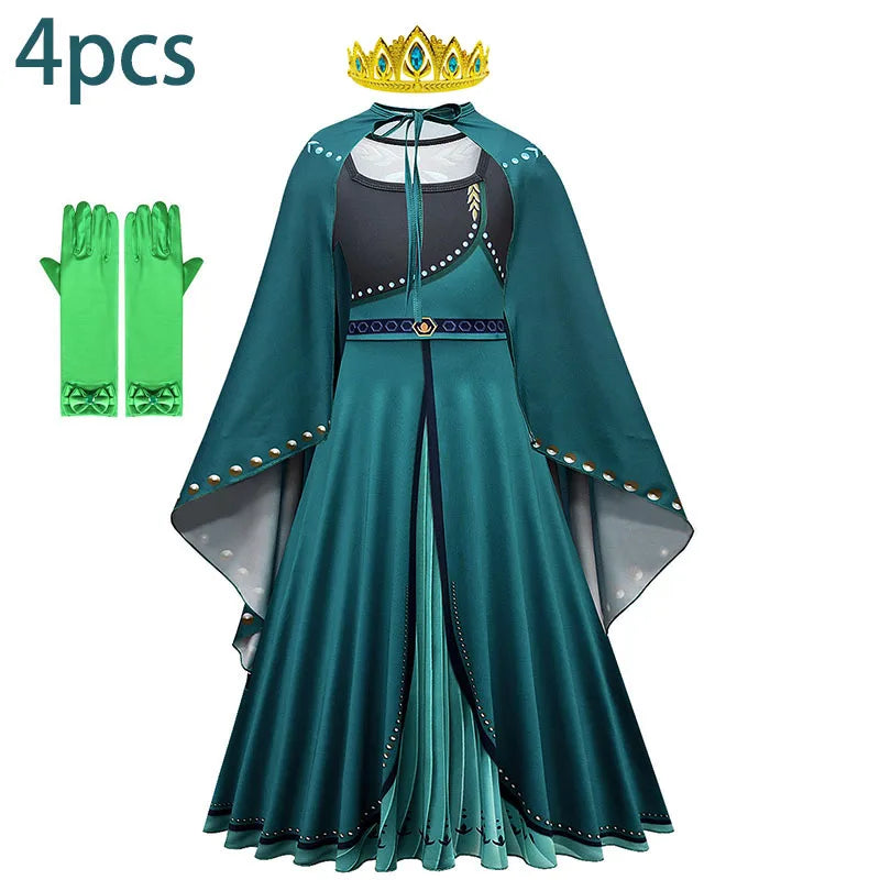 Frozen Green Anna Princess Girls Cosplay Costume Full Long Sleeve Dress With Cloak Carnival Party Kids Clothes Birthday Dress