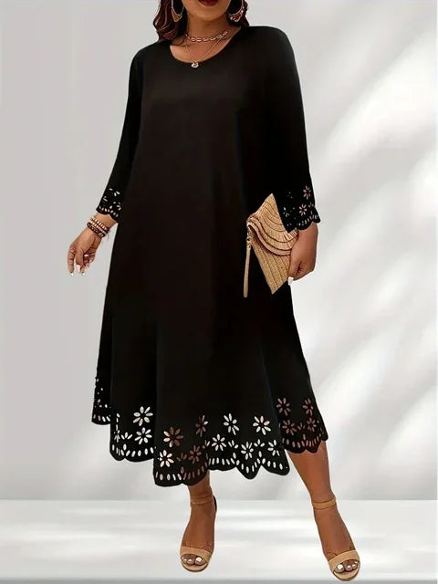 Vestido solto oco feminino, gola redonda, manga longa, monocromático, plus size, nova moda, 1XL-5XL