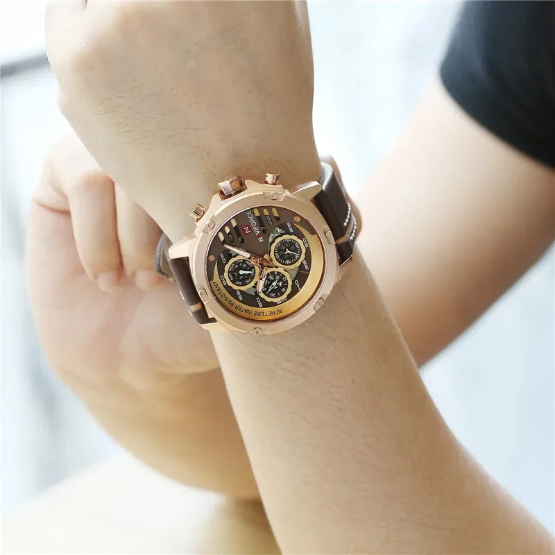 NAVIFORCE Men Watch Sport Man Wristwatch Top Brand Luxury Gold Military Date Week Genuine Leather Quartz Male Clock Gift 9110