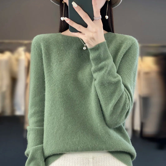 Nuevo suéter de cachemira para mujer, suéter de otoño e invierno, 100% lana merino, moda de cuello redondo, suéter cálido de otoño.