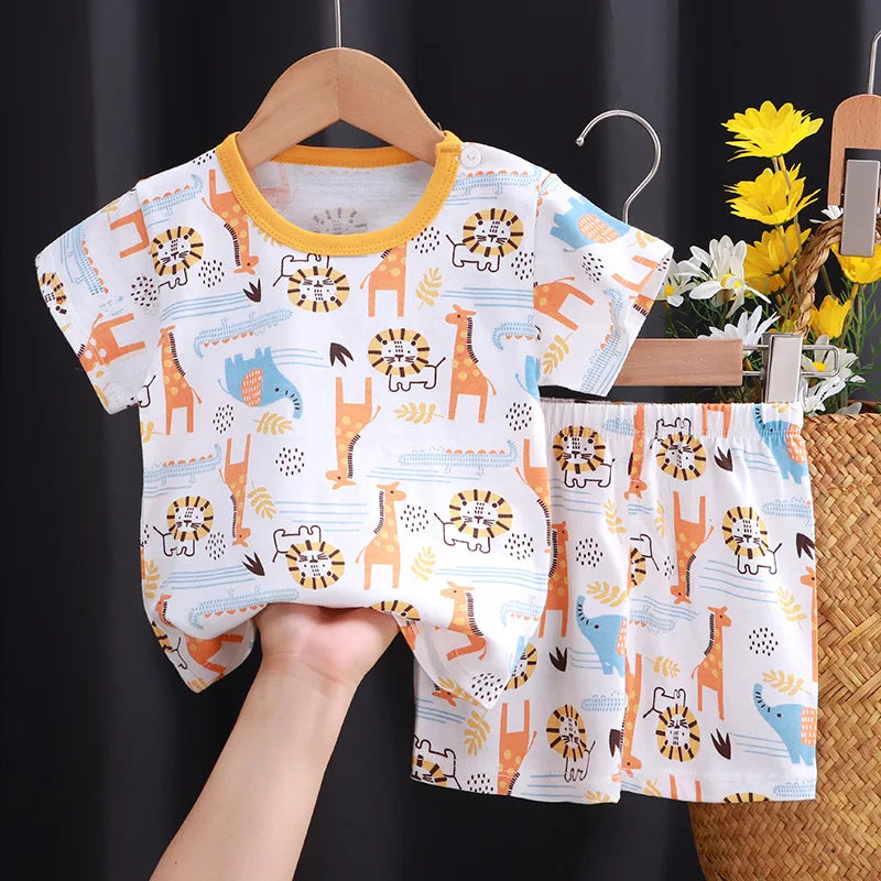 New Boys Summer Clothing Set Full Bear Print Cotton Short Sleeve T-shirts and Shorts 2PCS Breathable Outfit For Girls