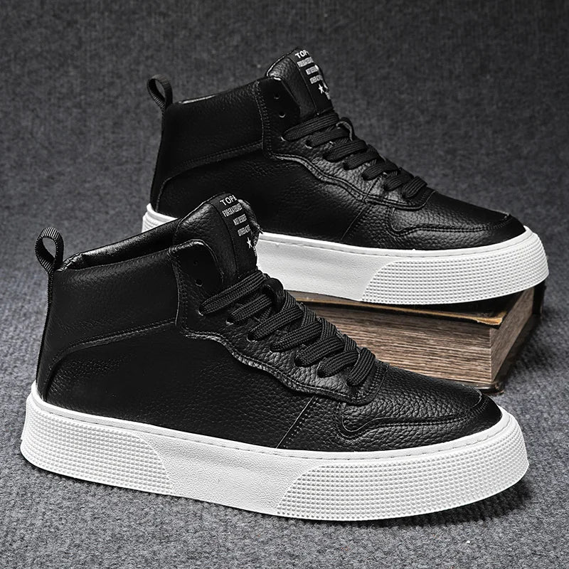IGxx High top Shoes Zip Lace-up Leather Men's Sneakers Punk Ankle Boots For Men Hook&Loop Shoes White indestructible lacoste