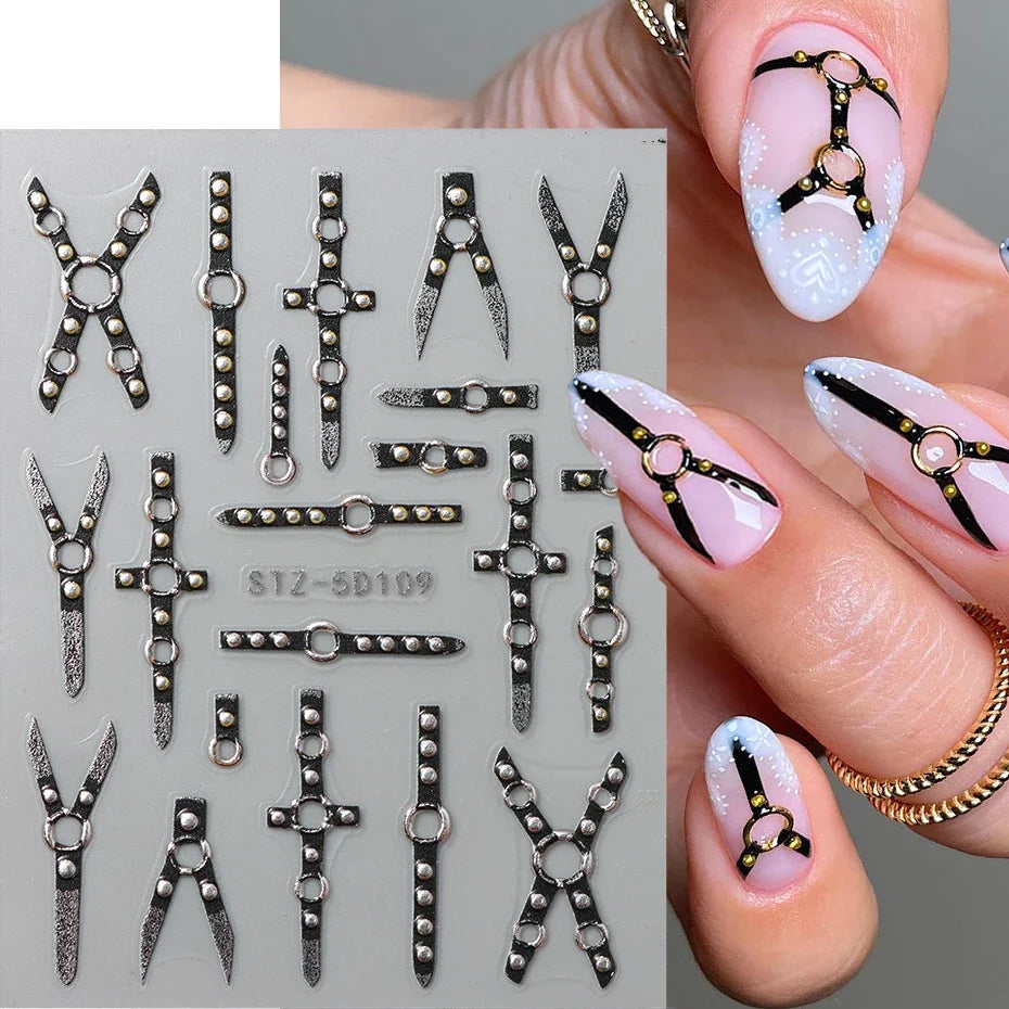 Cinturón negro 5D pegatinas en relieve gótico Halloween estilete calabaza calavera telaraña cremallera manicura uñas gel autoadhesivo decoración
