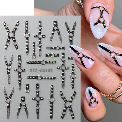 Cinturón negro 5D pegatinas en relieve gótico Halloween estilete calabaza calavera telaraña cremallera manicura uñas gel autoadhesivo decoración