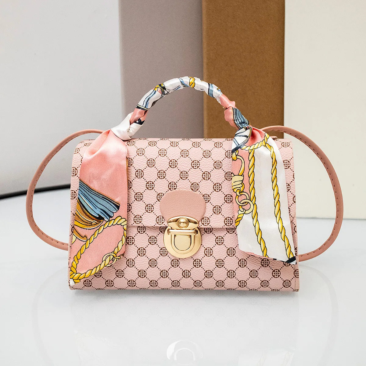 Casual Versatile Floral Print Shoulder Bag Simple Design Silk Scarf Handbag Fresh Sweet Style PVC Material Small Square Bag