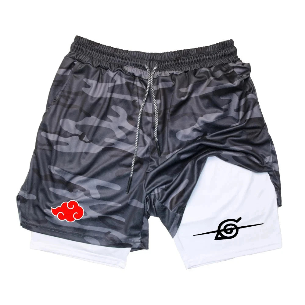 Men Anime Double Layer Shorts Gym Workout Printed Sports Multi-Performance Training Quick-Drying Jogging Pants Towel Pants M-3XL