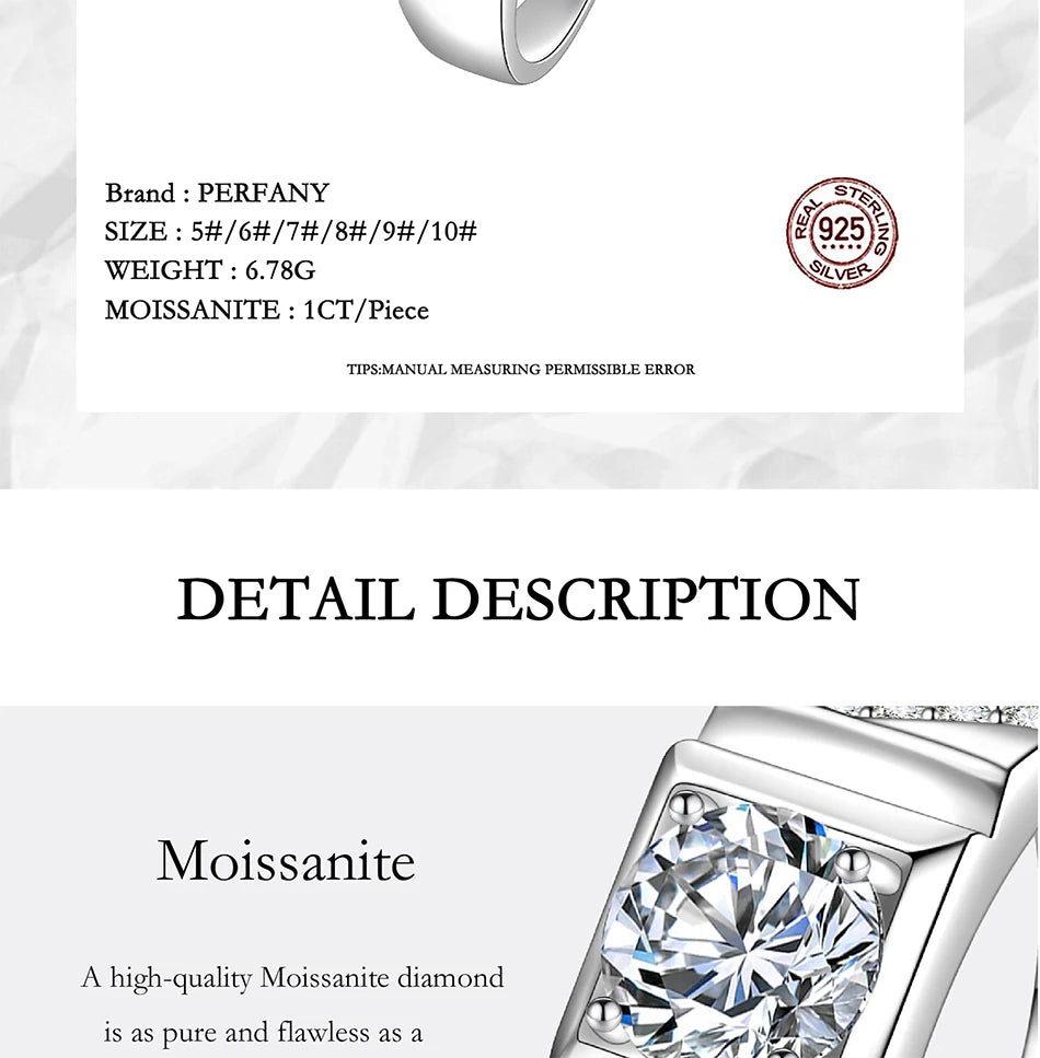 PERFANY 1/2CT Moissanite Ring for Men S925 Pure Silver Sparkling Diamond Domineering Wedding Ring Luxury Wedding Jewelry Gift