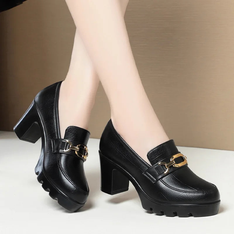 Soft Leather Black Shoe Woman Block Pumps 2024 Thick Bottom Platform Shoes Model Office Work 6.5 cm 8 cm High Heels Grace