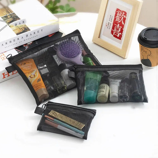 Portable Large Capacity Mesh Cosmetic Bag Zipper Bag Pencil Cases Storage Toiletry Bag Transparent Square Bag Makeup Bag Ladies