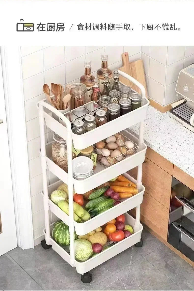 Estantería de múltiples capas para cocina, suelo, dormitorio, bebé, aperitivos, móvil, baño, almacenamiento en el baño.