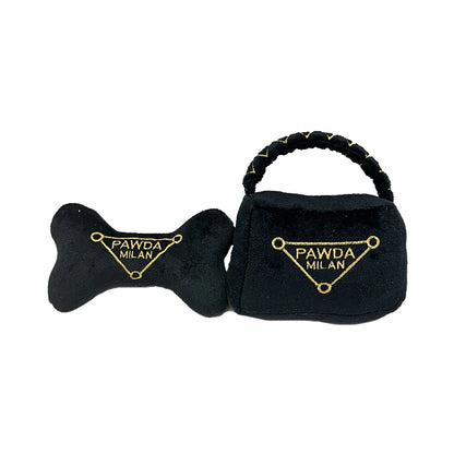 Juguetes negros de lujo para perros, regalos de cumpleaños para mascotas, accesorio para masticar cachorros, bolso, hueso, juguetes chirriantes para cachorros.
