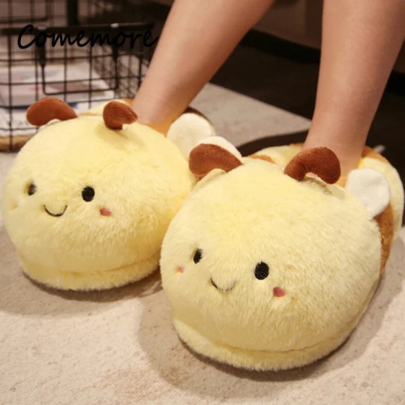 Comemore 2023 White Warm Adult Lady Plush Head Indoor Floor Women Fun Slipper Rabbit Cute New Home Slippers Cartoon Bee Design