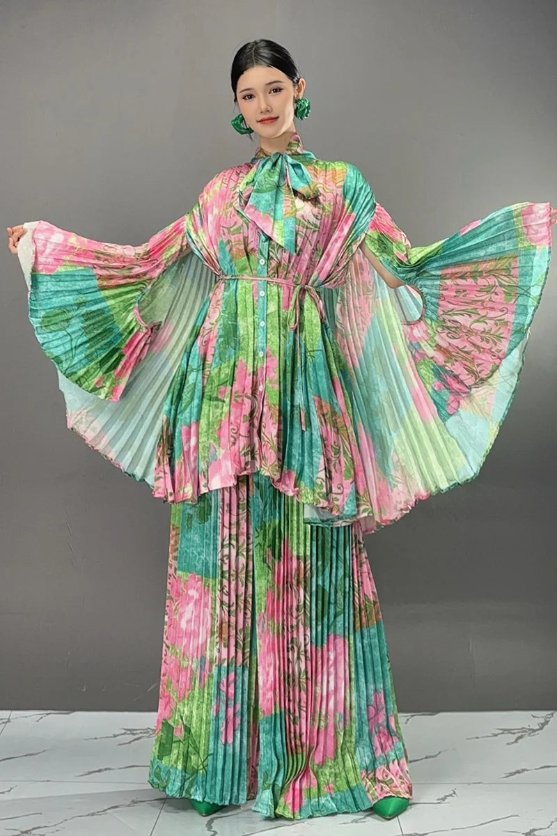 Two Pieces Chinese Style Wide Leg Pants Set Female Full Sleeve Blouse+Matching Trousers Suit Elegant Casual Matching Kit
