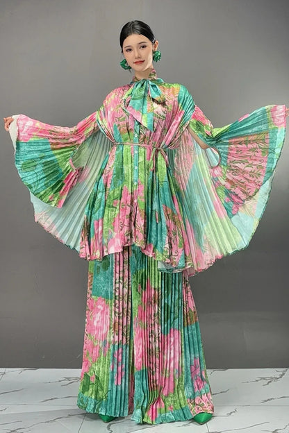 Two Pieces Chinese Style Wide Leg Pants Set Female Full Sleeve Blouse+Matching Trousers Suit Elegant Casual Matching Kit