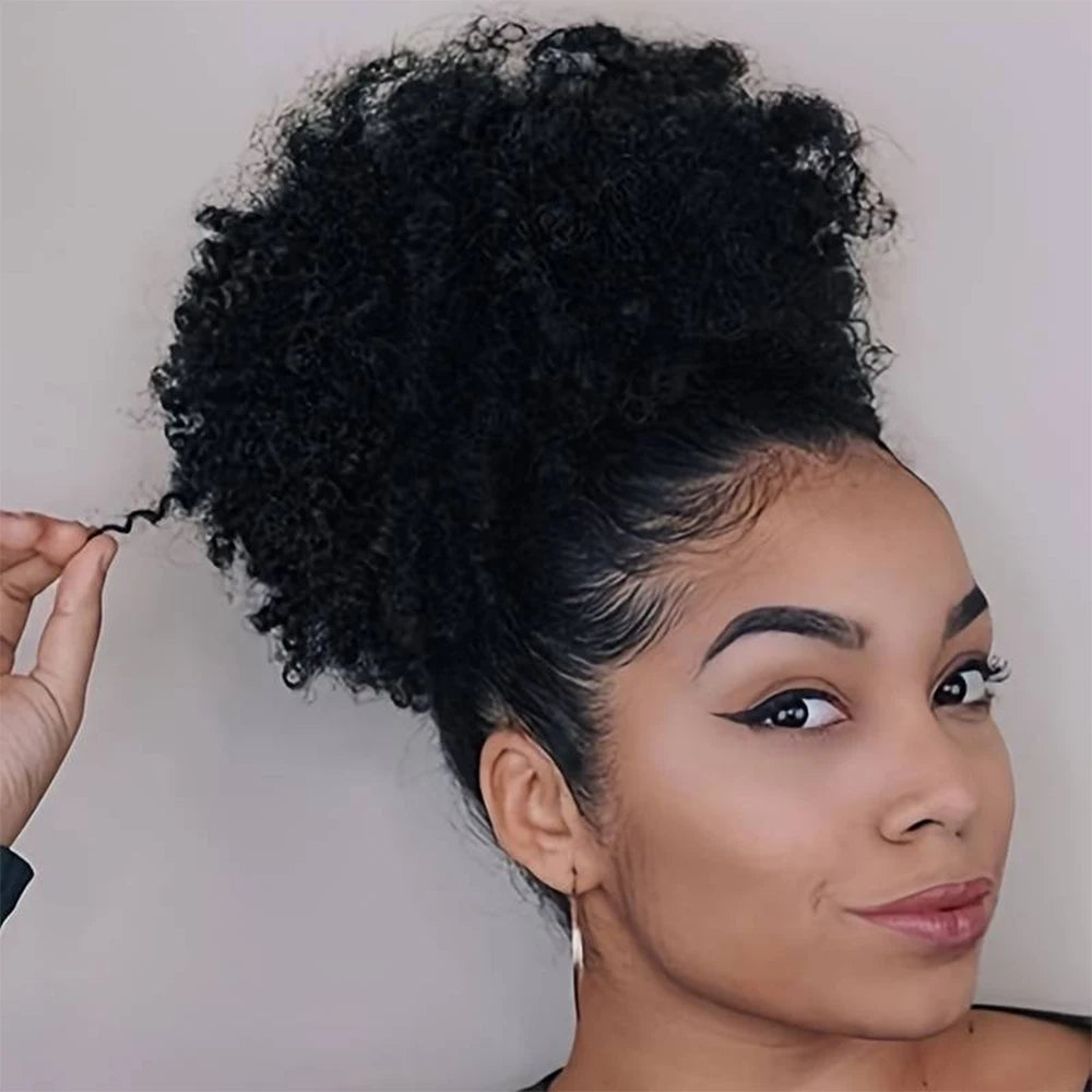 Extensiones de moño rizado sintético con cola de caballo afro con cordón y gran volumen, estilo afroamericano, para mujeres negras. 
