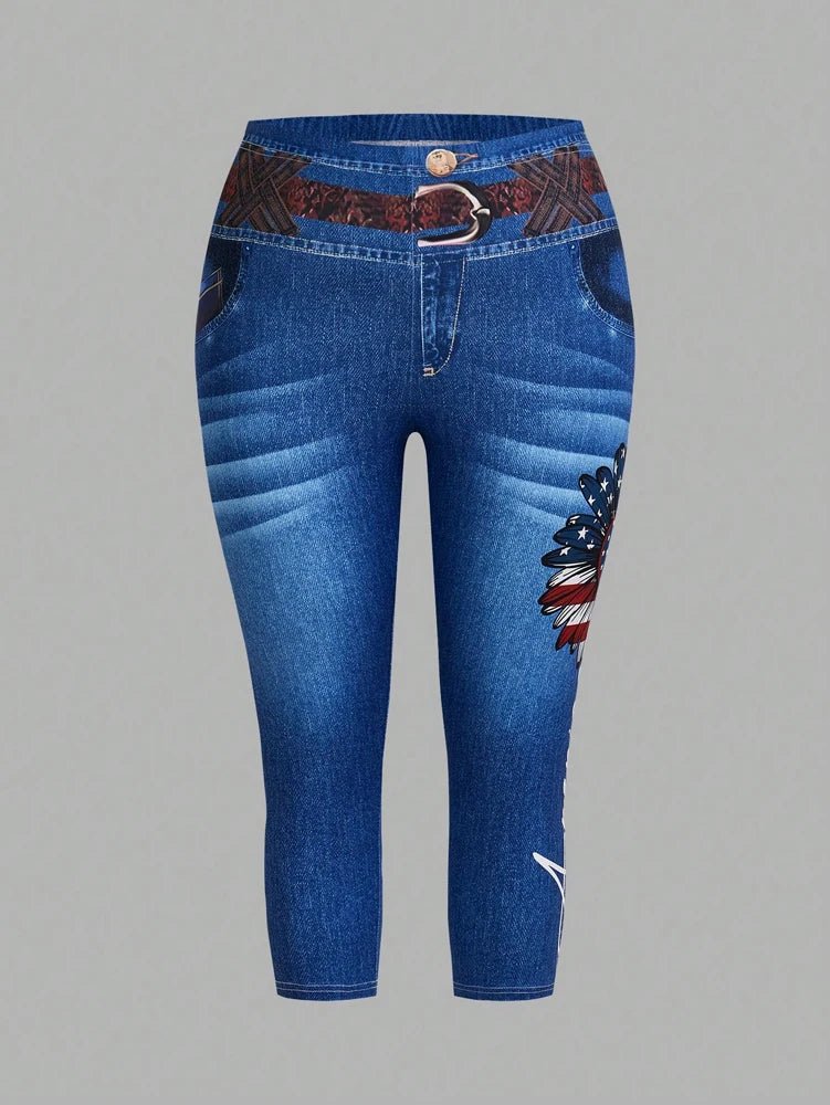 Conjunto plus size de 2 peças plus size, blusa com estampa floral de manga curta com gola redonda e calças jeans casuais com bolsos e cinto