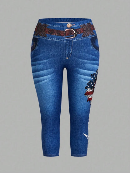 Conjunto de 2 piezas de talla grande: top de cuello redondo con estampado floral de manga corta y jeans casuales con bolsillos y cinturón. 