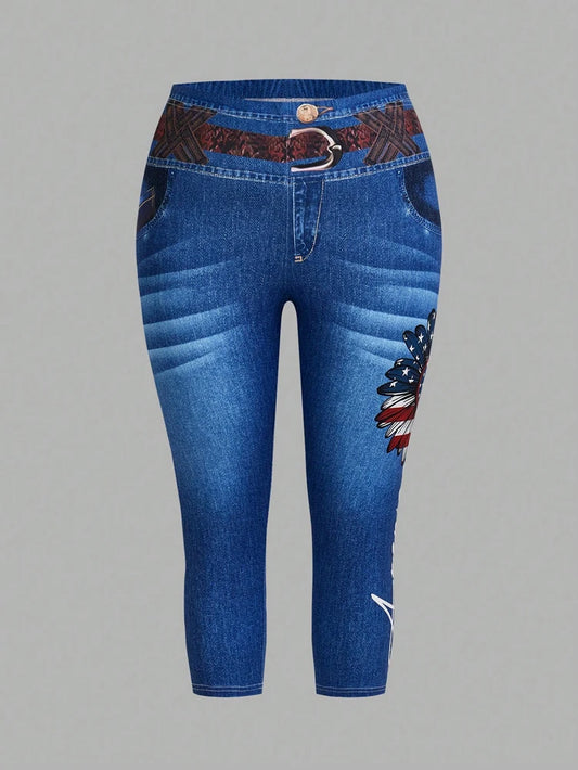 Conjunto plus size de 2 peças plus size, blusa com estampa floral de manga curta com gola redonda e calças jeans casuais com bolsos e cinto