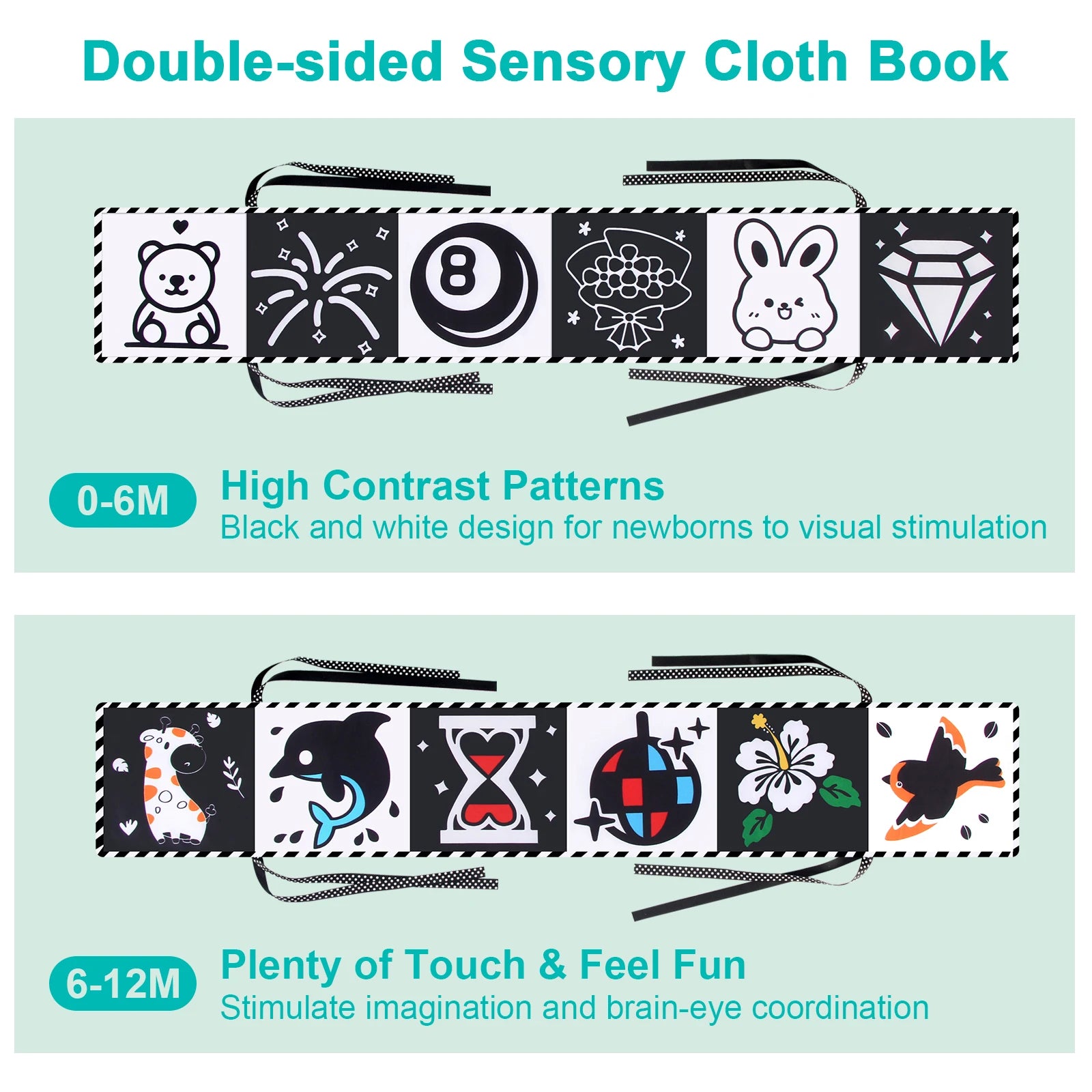Livro de Pano de Alto Contraste para Bebês (0M+) – Brinquedos Sensoriais em Preto e Branco com Temática de Animais para Berço e Método Montessori