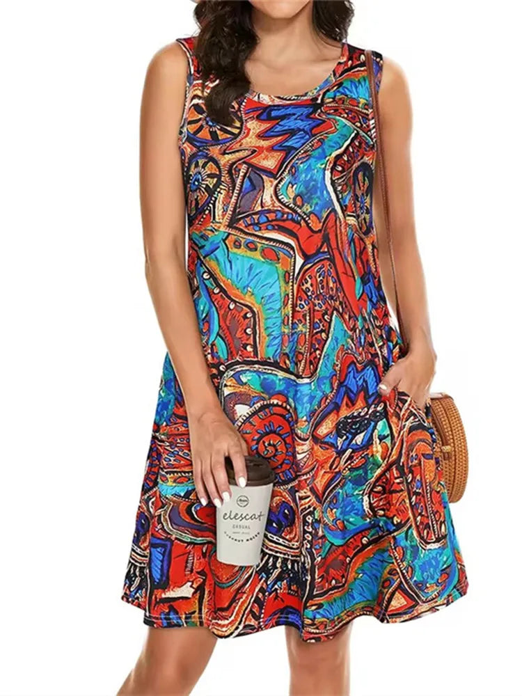 2025 Fashion Plus Size Women Casual Short Dresses Elegant Summer Bohemian Dress Pockets Sleeveless Simple Female Clothing Summer