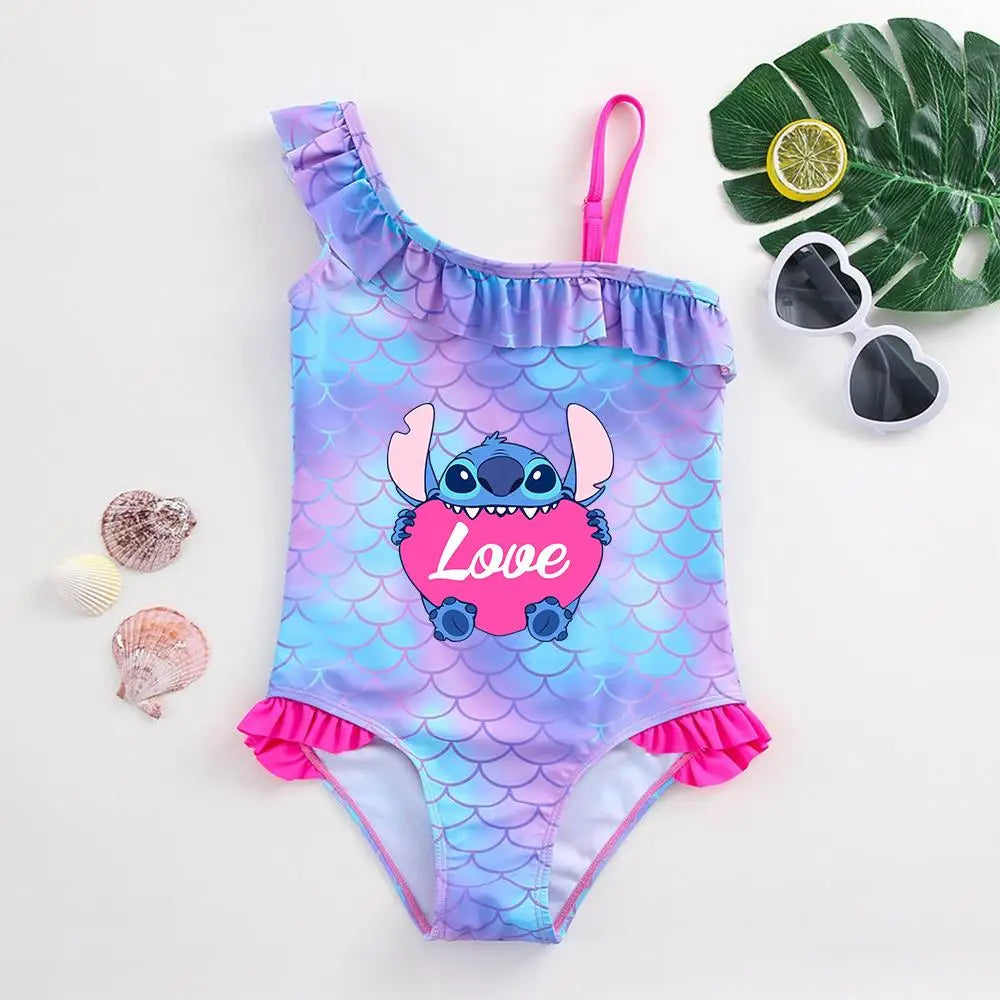 Traje de baño de una pieza con estampado de escamas de sirena para niña pequeña de Lilo Stitch, traje de baño para playa