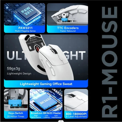 Ratón inalámbrico para juegos Attack Shark R1, PAW3311 1KHZ 18000dpi, ratón Bluetooth, ratón para juegos macro, alfombrilla para ratón/PC