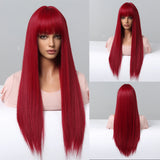Light Wine Red Synthetic Wigs With Bangs for Women, Long Straight Hair Wig, Natural Cosplay Party, Heat Resistant