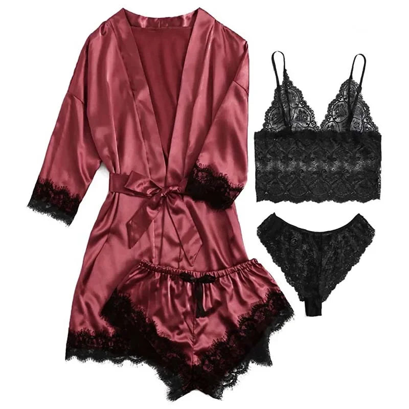 Pijama de 4 piezas para mujer, con bata, lencería sexy de encaje, bata de baño de seda satinada, ropa de dormir para el hogar.