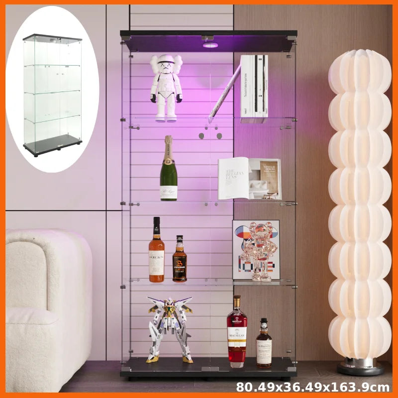 Anajqaqia Glass Display Cabinet with LED Light, with 4 Shelves 2 Doors, 80.49x36.49x163.9cm, Black