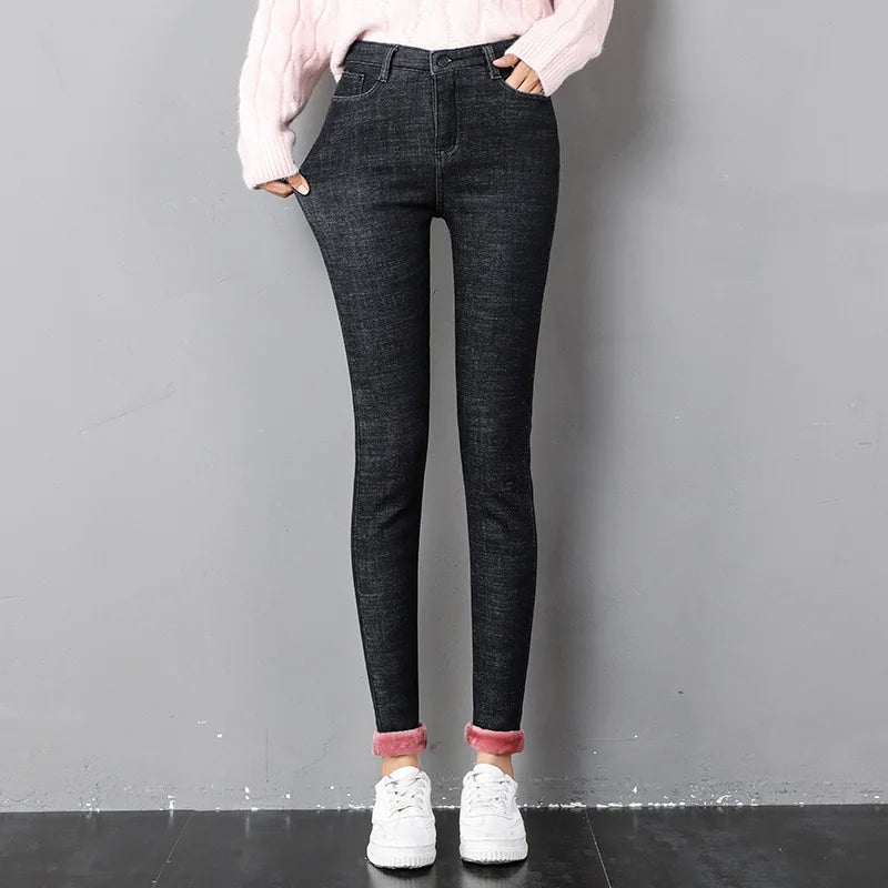 2023 Mujeres Jeans Térmicos Invierno Nieve Cálido Felpa Elástico Jeans Señora Skinny Espesar Polar Denim Pantalones Largos Retro Lápiz Pantalones