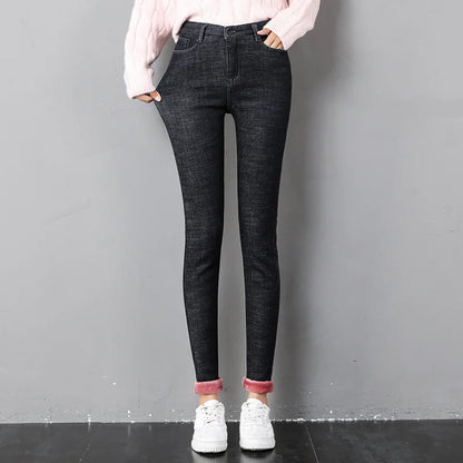 2023 Mujeres Jeans Térmicos Invierno Nieve Cálido Felpa Elástico Jeans Señora Skinny Espesar Polar Denim Pantalones Largos Retro Lápiz Pantalones