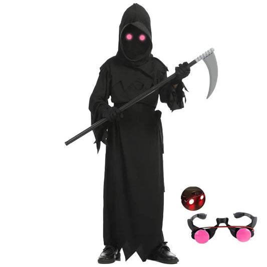 Halloween Cosplay Costume Grim Reaper Scary Skeleton Costume Children Glowing Red Eyes Grim Reaper Ghost Robe Send Scythe Props