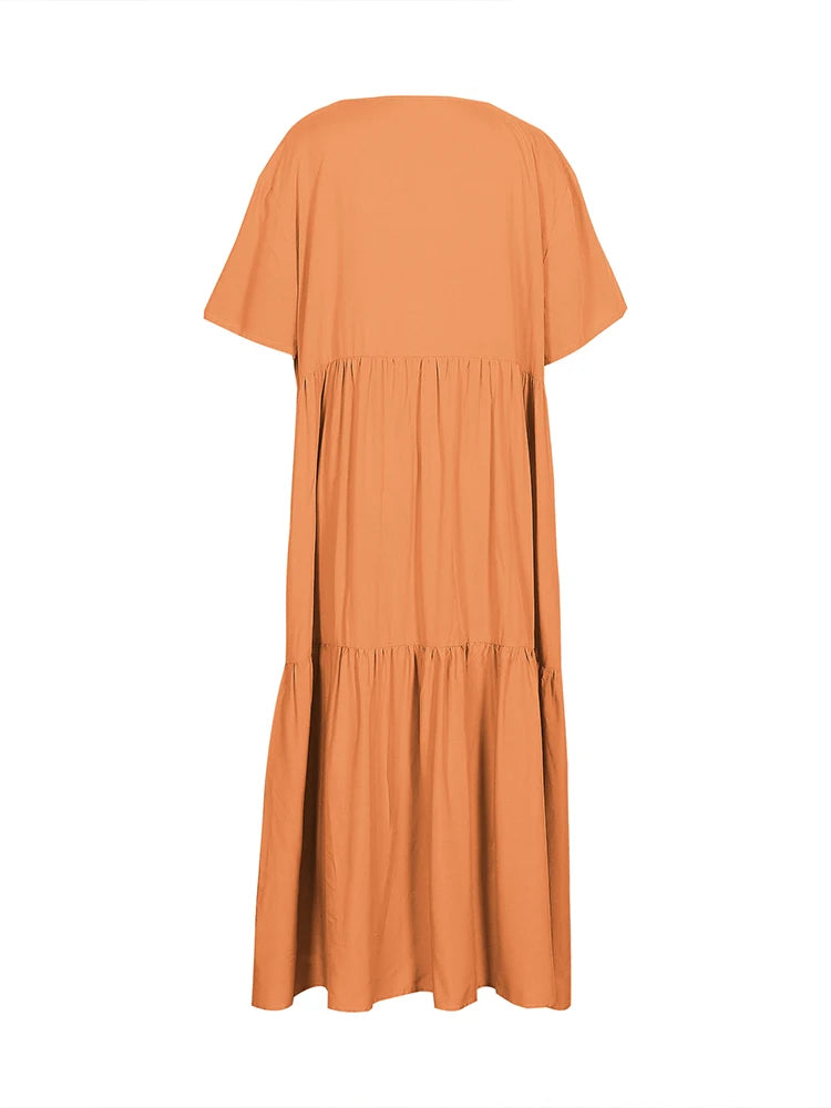 Plus Size 2025 Summer New V-neck Short Sleeve Pleated Solid Colour Loose Casual Midi Dress Basic Hem Pleated
