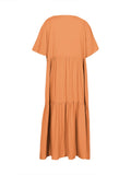 Plus Size 2025 Summer New V-neck Short Sleeve Pleated Solid Colour Loose Casual Midi Dress Basic Hem Pleated