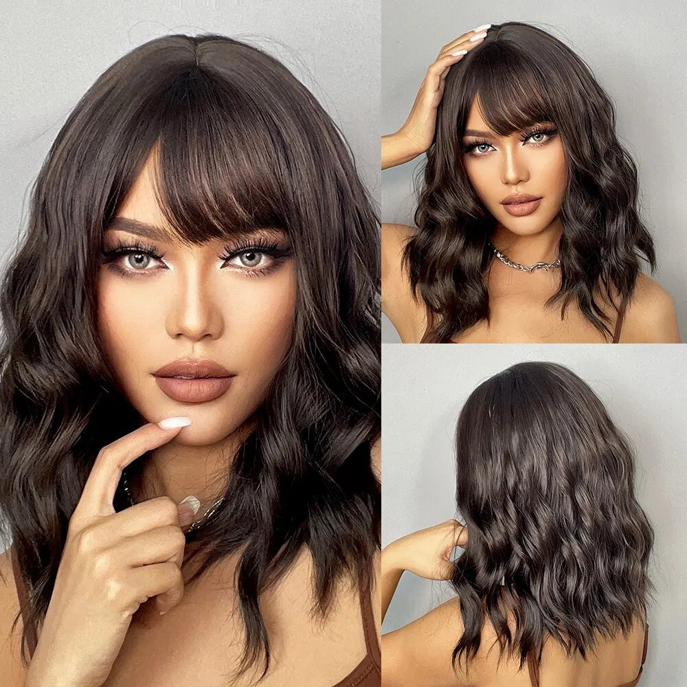 Women Grey Wavy Bob Wigs with Bangs Short Blonde Ombre Synthetic Wig with Dark Roots Natural Hair for Daily Use