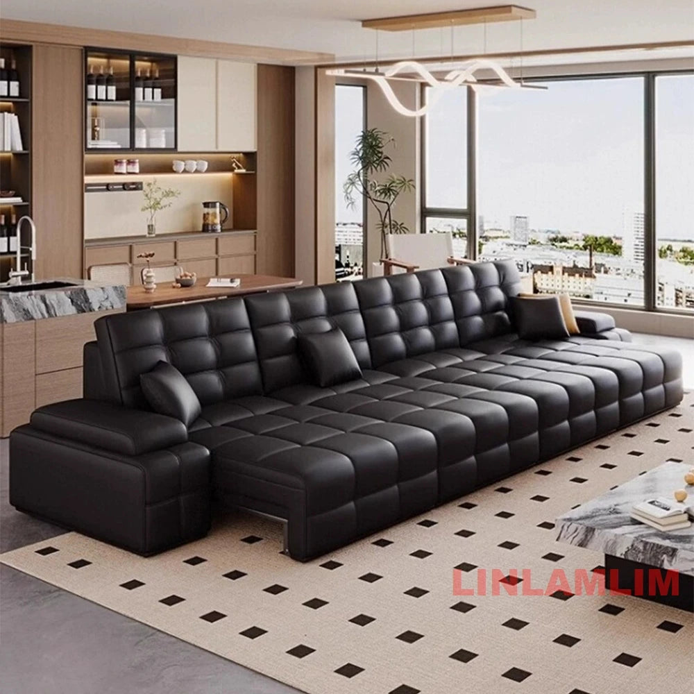 MINGDIBAO Modern Genuine Leather Sectional Sofa Bed – Convertible Couch with Tufted Backrest and Armrest,Functional Sleeper Sofa