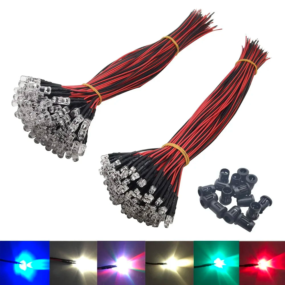 Lote de 20, 50 y 100 bombillas LED de 20 cm precableadas de 3 mm y 5 mm, diodos emisores precableados para decoración del hogar (DC12V)