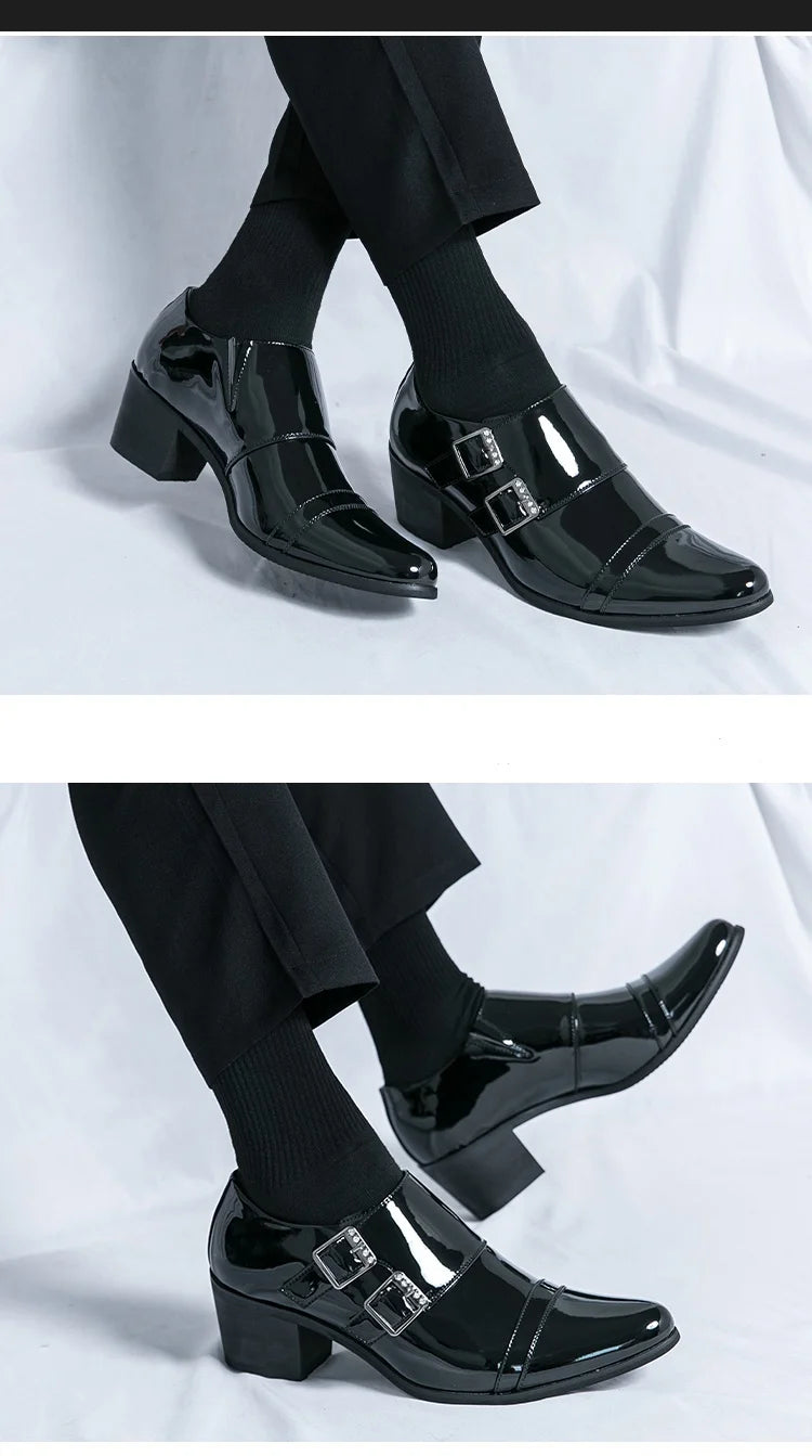Fashion Buckle Leather Shoes For Men Big Size 46 Pointed Dress Shoes Man Quality Business High Heels Shoes Man chaussure hommes