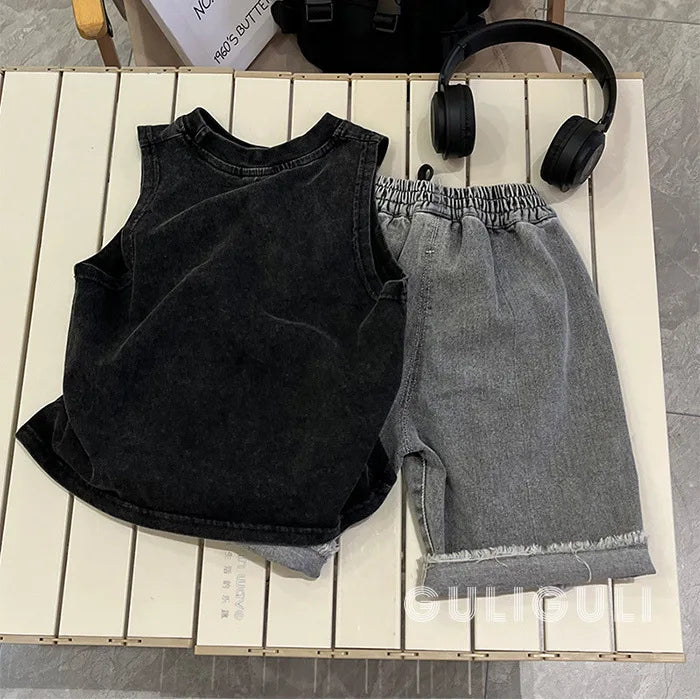 T-shirt Summer Wear Children Clothing Retro Black Cotton Handsome Boys Sleeveless Easy Vest Tide Tops 2024 Fashion Cool
