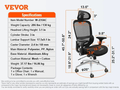 VEVOR-Cadeira Ergonômica de Escritório com Assento Deslizante, Assento de Malha, Apoio Lombar Ajustável, Ângulo e Altura, Cadeira Home Office