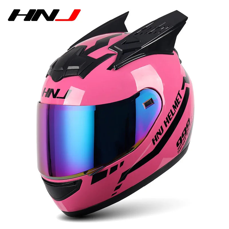 HNJ Men Motorcycle Helmet Women Full Face Helmet Riding Personality Horn Pink Helmet DOT Certification Motorcycle Helmet