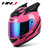 HNJ Men Motorcycle Helmet Women Full Face Helmet Riding Personality Horn Pink Helmet DOT Certification Motorcycle Helmet