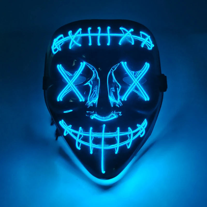 Artigos para Festa de Halloween 2026: Máscara LED Luminosa Estilo "Uma Noite de Crime" (Purge) com Luz Neon EL Sem Fio – Máscara de Rosto Inteiro para Cosplay Adulto (Brilha no Escuro)
