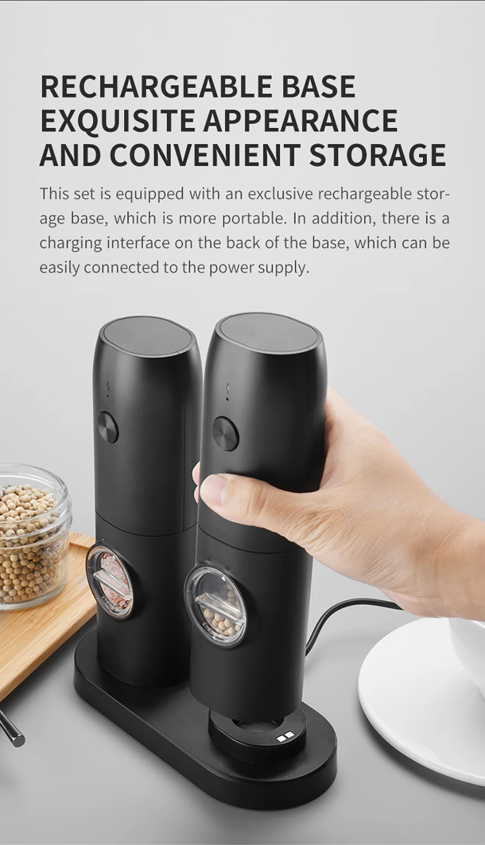 Molinillo de pimienta eléctrico recargable, molinillos de sal y pimienta con luz LED, molinillos de grosor ajustable, carga USB, molinillo de especias