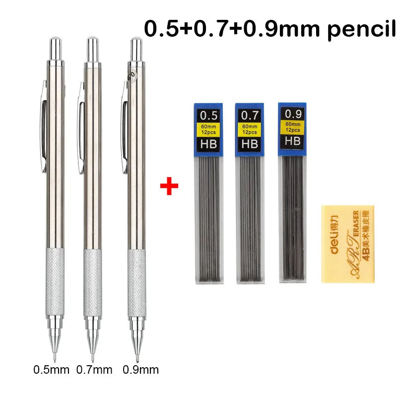 Mechanical Pencil Set 0.3 0.5 0.7 0.9 1.3 2.0mm Full Metal Art Drawing Painting Automatic Pencil with Leads Office School Supply